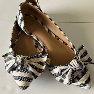 Blue and white fabric flats with cute bow
